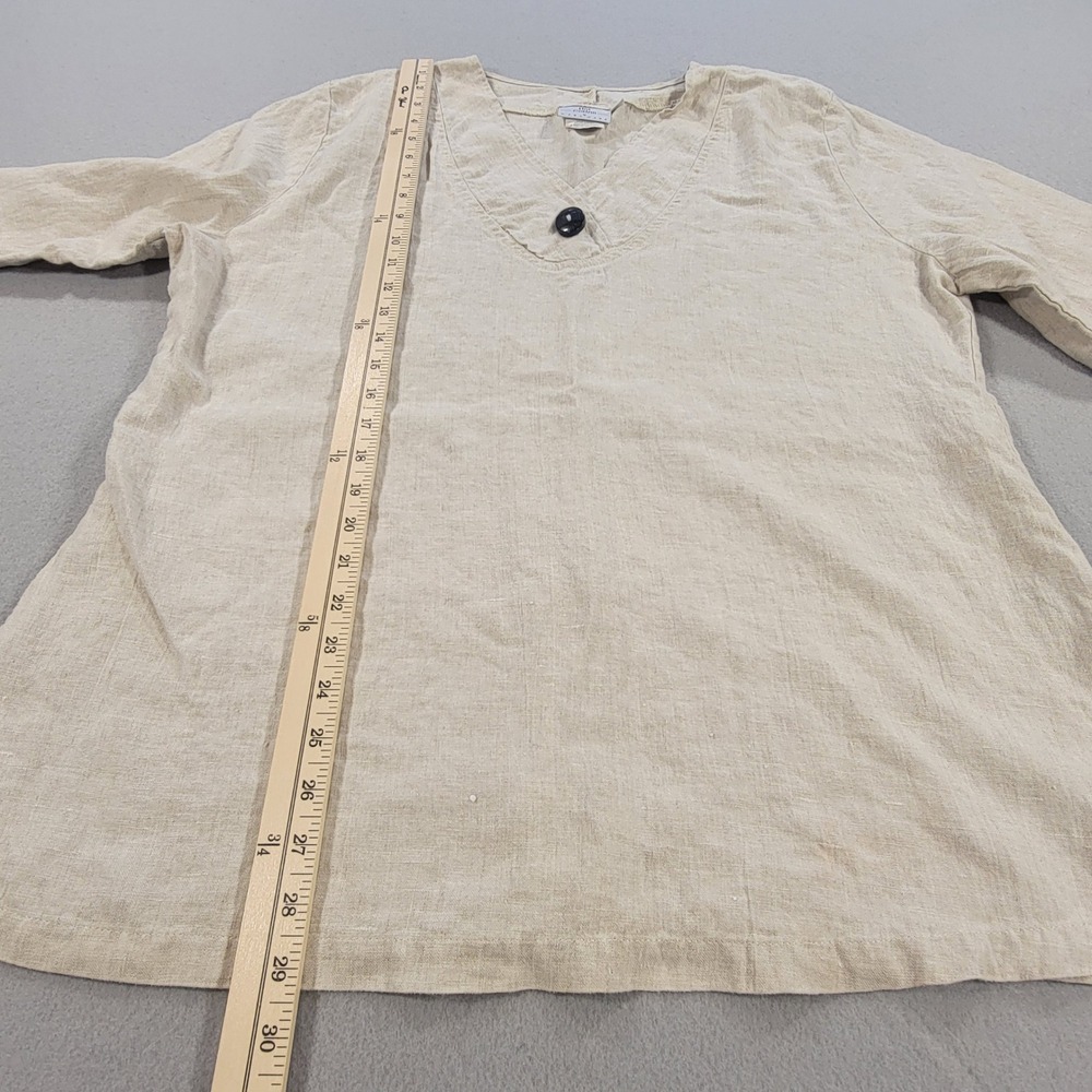 Vintage Hot Cotton Linen Blouse Women's XL Tan V Neck 3/4 Sleeve Top Made In USA - Picture 8 of 9